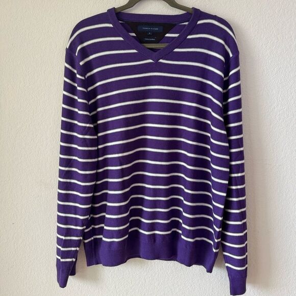Tommy Hilfiger Men’s Sweater Sz XL Purple Striped Cashmere Blend Pullover Preppy - Picture 1 of 5